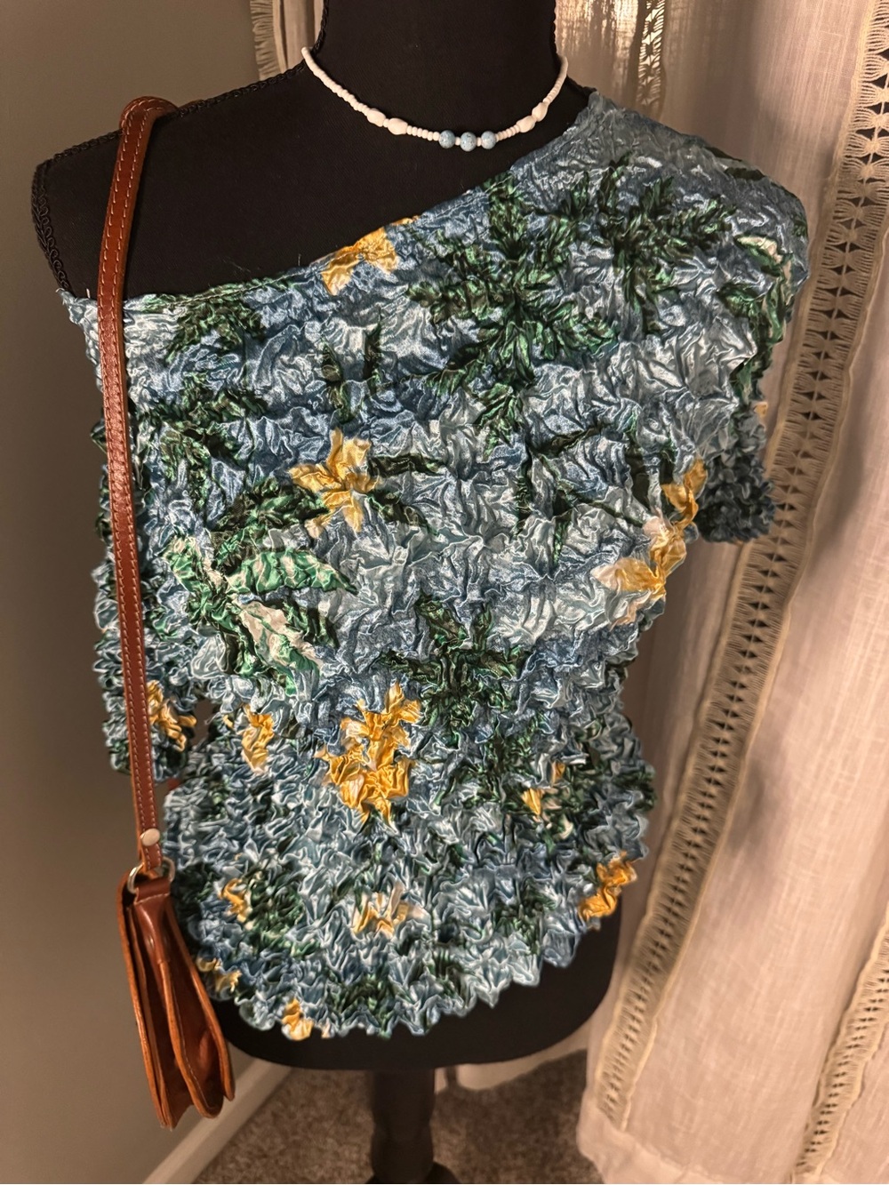 Vintage Blue Floral Crinkle Top with Yellow Flowers